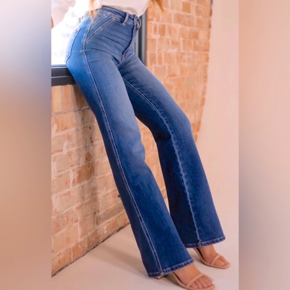 New KanCan High Waisted Stretch Flare Jeans Seamed Pocket Detail - Picture 5 of 10